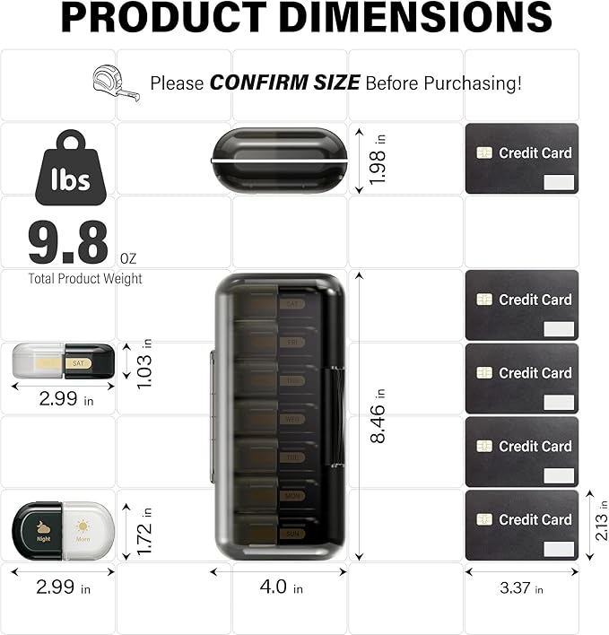 Weekly Pill Organizer 2 Times a Day, Moisture-Proof, Detachable Compartments, AM PM Pill Box 2X 7 Day, Travel Pill Organizer for Pills/Fish Oil/Medication/Vitamin/Supplements (Black + White)