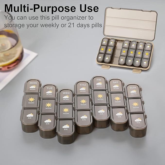 Pill Organizer 3 Times A Day, Pill Box 7 Day - Acedada Weekly Travel Medicine Organizer Box 3X A Day, Large Pill Container Holder Vitamins Case Pill Dispenser, Brown