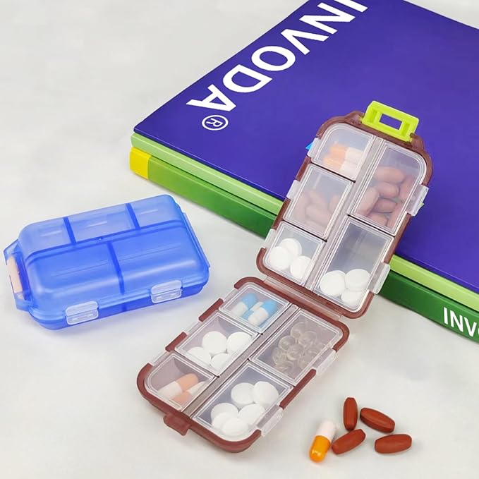Travel Pill Organizer Portable Pocket Pill Case Small Pill Box for Purse Medicine Organizer Have 10 Compartments Storage Vitamin Fish Oil by INVODA (1PCS Red+Lables)