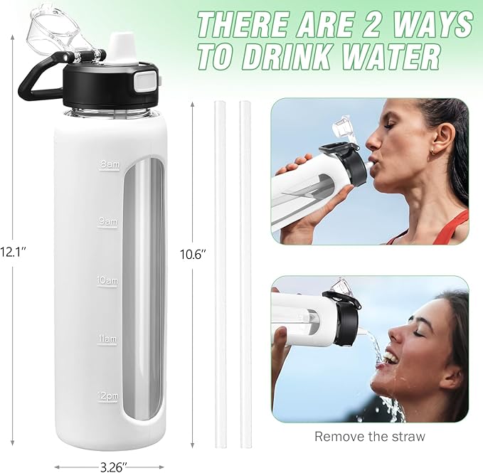 Kodrine 32 oz Glass Water Bottle with Straw and Carry Loop, One-Touch Leakproof Locking Lid, Reusable Drinking Bottle with Time Marker for Travel Home Gym Sports (White)