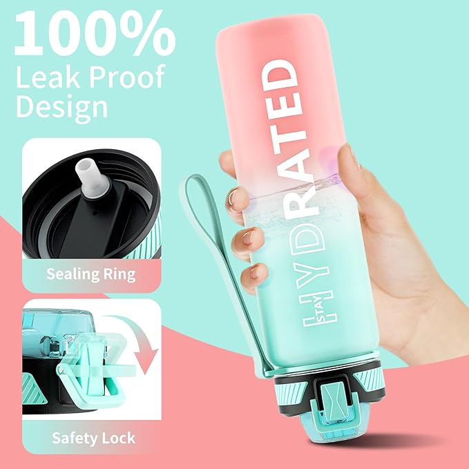 Water Bottle with Straw, 32oz Motivational Water Bottles with Time Marker to Drink, Tritan BPA Free, 1L Sports Water Bottle with Carry Strap LeakProof for Women Gym Fitness Outdoor (1 Pack)