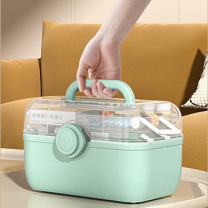 Medicine Storage Containers 3-Tier Fold Tray Plastic Medical Supply Organizer with Removable Pill Case & Handled, Empty Family First Aid Box for Medicine, Art, Family Emergency Kit [Green]