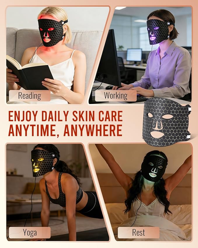 LED Light Therapy Face Mask for Full-face Wrinkles, 4 Colors Red Light Therapy Facial Mask, Rechargeable Portable for Travel and Home Use (Black)