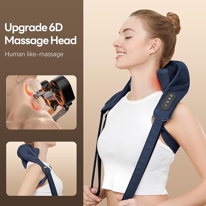 Neck Massager with Heat for Pain Relief Deep Tissue,6D Shiatsu Kneading Massage,Cordless Rechargeable for Neck,Shoulder,Christmas Gifts for Women/Men/Mom/Dad(PU-Dark Blue)