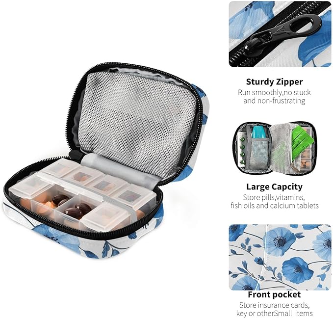 Pill Organizer Box Case Weekly Travel Pill Container Holder 7Day Cute Vitamin Organizer Dispenser Sorter Planner Storage Small Compact Blue Poppy Flowers and Branches03