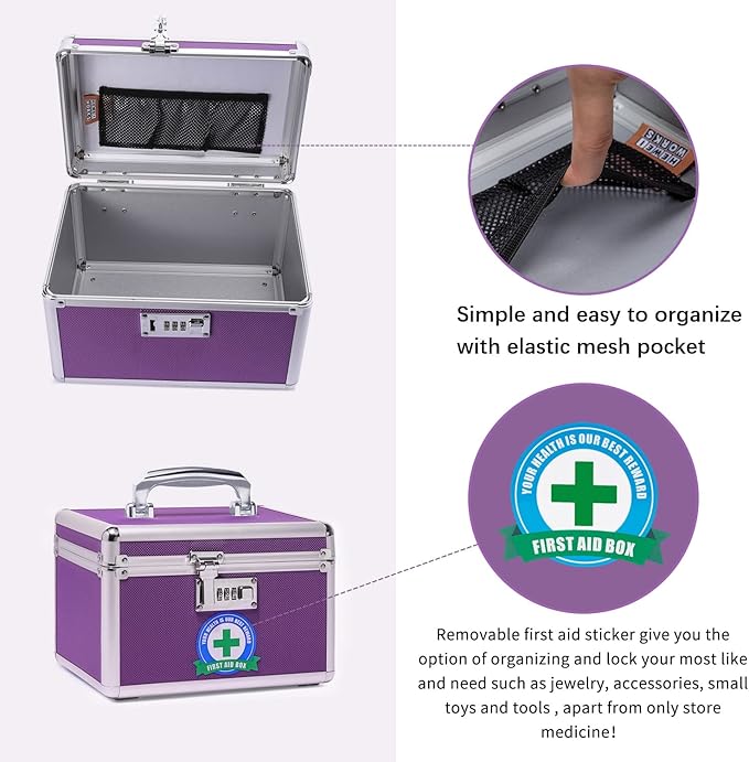 Locking Medicine Box with Portable Storage Case, 10.2''x 6.8''x 6.8'', Childproof Medication Lock Organizer, Lockable Box for Money, Documents & Meds (Purple/Small)