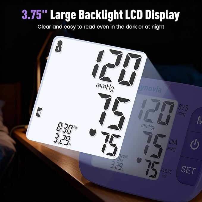 Upper Arm Blood Pressure Monitor with Wide Cuff, Automatic Digital BP Machine for Home Use, Large Backlit Display, Irregular Heartbeat Detection, Includes Storage Bag & 2×60 Memory (Purple)