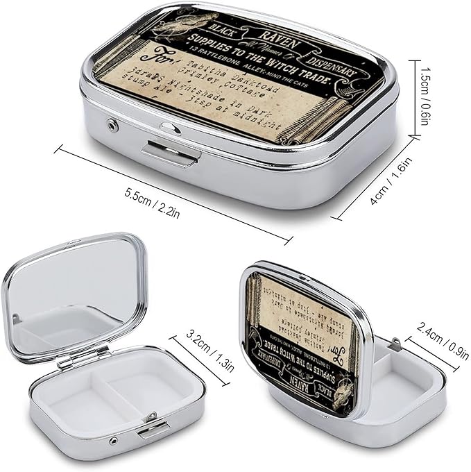 Metal 2 Compartment Pill Organizer Travel Friendly Portable Compact Pill Box Cute Pill Case to Hold Vitamins/Fish Oil/Supplements/Meds/Tablet for Purse/Pocket (Vintage Label)