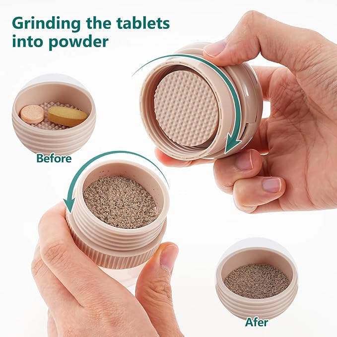4 in 1 Pill Cutter Splitter, Pill Cutter for Small or Large Pills, Travel Pill Organizer with Crusher Grinder Fine Powder, Stainless Steel Blade, Removable Drinking Cup (Pink)