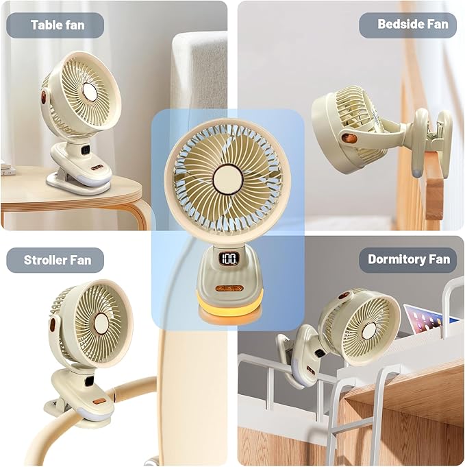 Portable Clip on Fan, Battery Operated Small Powerful USB Desk Fan with Night Light & LED Display Screen, Mini Table Fan, 360° Rotate Personal Fan for Home Office Stroller Camping (Beige)