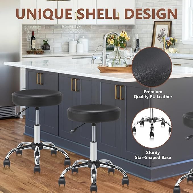 Round Rolling Stool with Wheels Adjustable Height Swivel Multi-Purpose Heavy Duty Wide Seat Drafting Stool for Office Laboratory Salon Massage Spa Medical Doctor Clinic Tattoo Beauty, 4 Pack