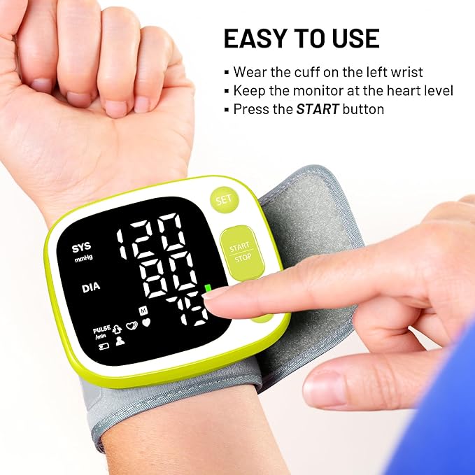 Oklar Blood Pressure Monitors for Home Use Rechargeable Wrist Digital BP Machine Cuff with LED Backlit Display, Voice Broadcast, 240 Memory Storage for 2 Users with Carrying Case, Green