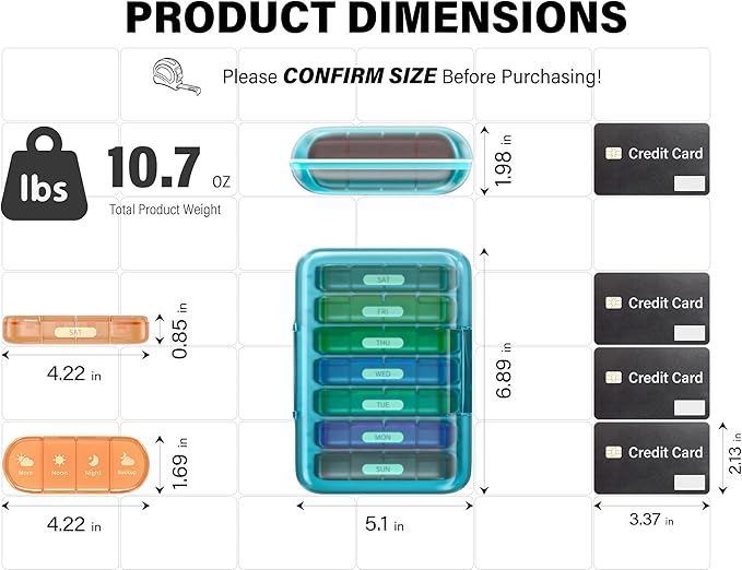 Weekly Pill Organizer 4 Times a Day, 7 Day Pill Box 4X, Portable for Travel Pill Case for Pills/Vitamin/Fish Oil/Medication/Supplements (4x7 Blue+Rainbow)