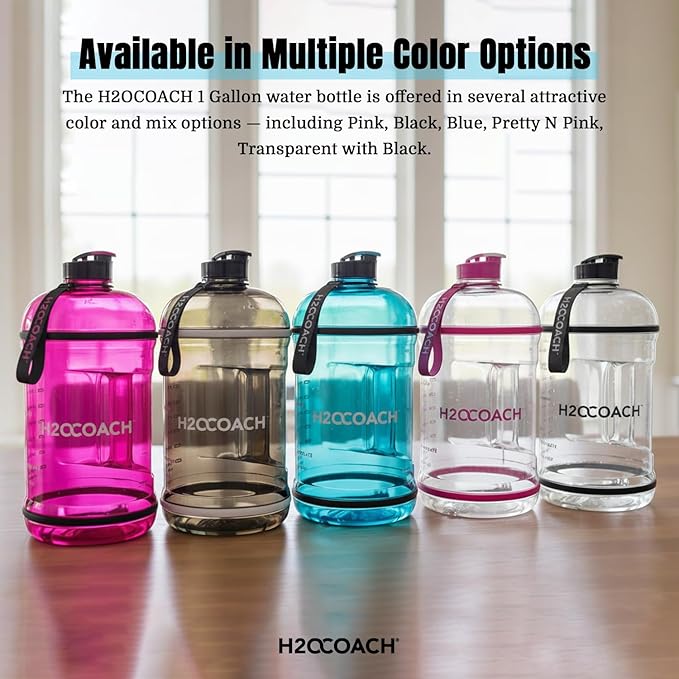 H2OCOACH 1 Gallon Hydration Jug with Time Marker & Measurements, BPA-Free Tritan Sports Drink Container, Motivational Daily Intake Tracker for Gym, Workout, & Fitness Routines (128 oz)