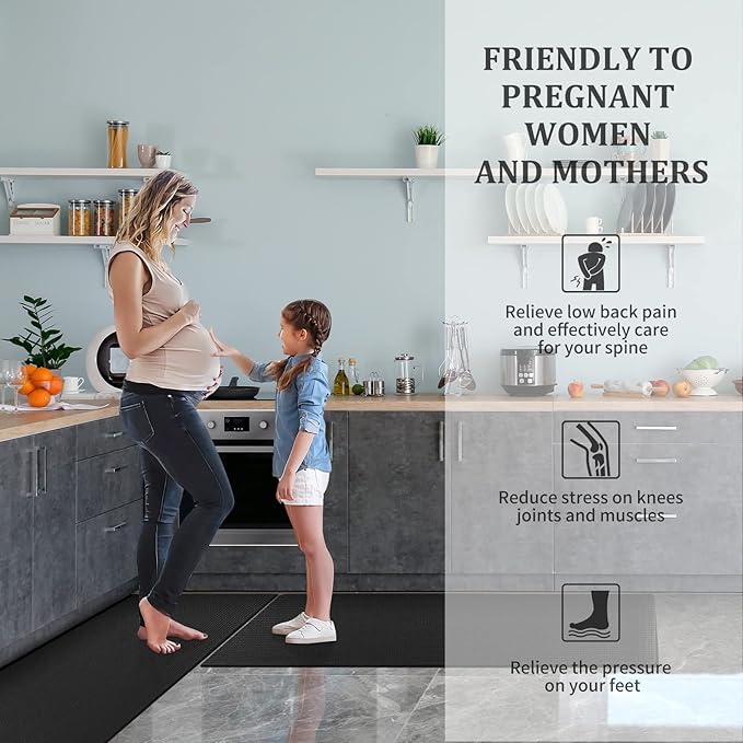 AUTODECO Kitchen Mats and Rugs Set of 2 - Cushioned Anti-Fatigue Kitchen Rug for Floor Washable 17"x29" +17"x59", Black