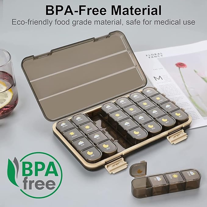 Pill Organizer 4 Times A Day Large Compartment Weekly, Travel Pill Box 7 Day, Daily Medicine Container, Airtight Pill Case Waterproof Moisture Proof, BPA Free, Easy Open