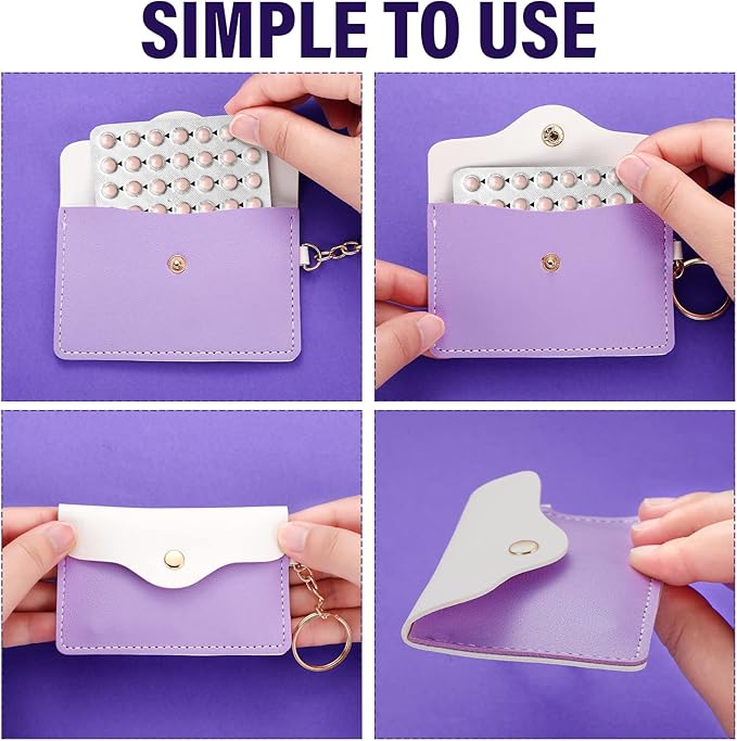 Tondiamo 2 Pack Birth Control Pill Case Holder PU Leather Pill Sleeve Packet 4.33 x 3 Inch Discreet Birth Control Pouch with Snap Closure Key Ring for Pills Card Organizer(Light Gray, Light Purple)