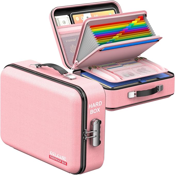 COLCASE Fireproof Document Organizer, Hard Fireproof Waterproof Document Box with Lock Creative Hard-Shell Design Fireproof Document Box for Important Documents Certificates Laptop Passports Pink