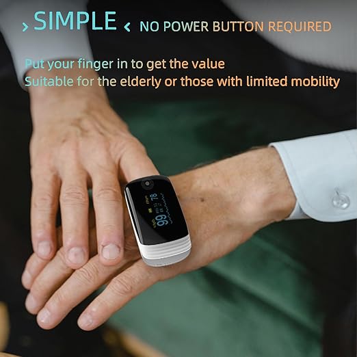 Fingertip Pulse Oximeter, Blood Oxygen Saturation (SpO2) Monitor for Fast Readings, Track Heart Rate, Respiration Rate (RR) & PI, Rechargeable with Rotatable OLED Display, 6 Modes, Portable - White