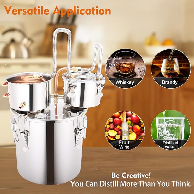 Shine Still 5 GAL 3 Pots Distillery Kit for Alcohol Stainless Steel Copper Tube Complete with Thumper Water Pump Metal Thermometer Fermentation Airlock Distilling for Whiskey, Brandy etc.