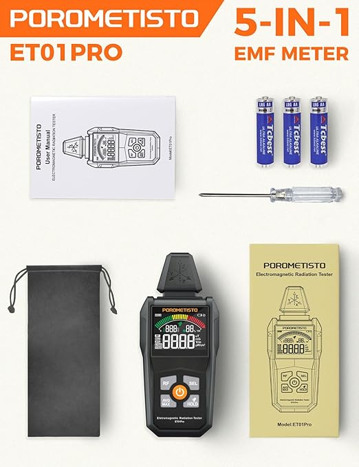 EMF Meter Radiation Detector, ET01Pro EMF Detector, 5-in-1 Electromagnetic Field & Radio Frequency Detector for Home Use & Office EMF Inspections,Ghost Hunting Equipment