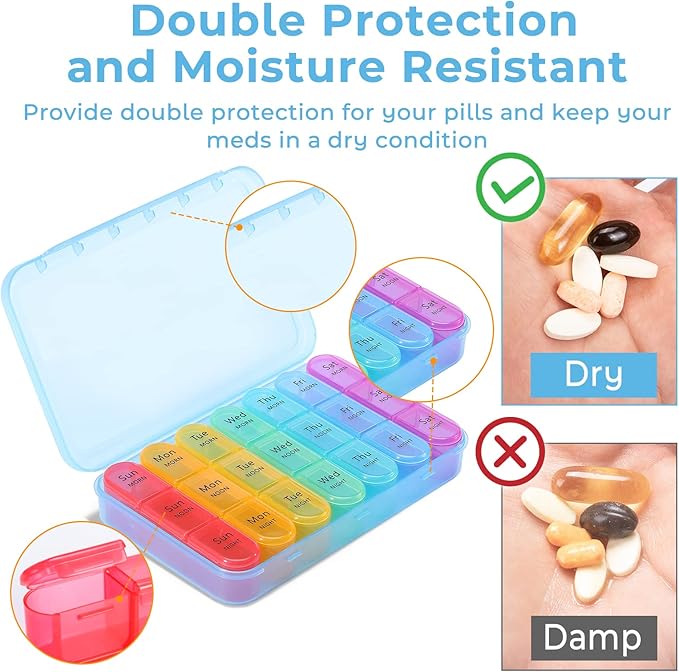 Daviky Pill Organizer Travel, Weekly Pill Organizer 3 Times a Day, Pill Box 7 Day, Pill Cases Organizers 7 Day, Daily Pill Box Organizer, Medicine Organizer to Hold Vitamins and Medication (Blue)
