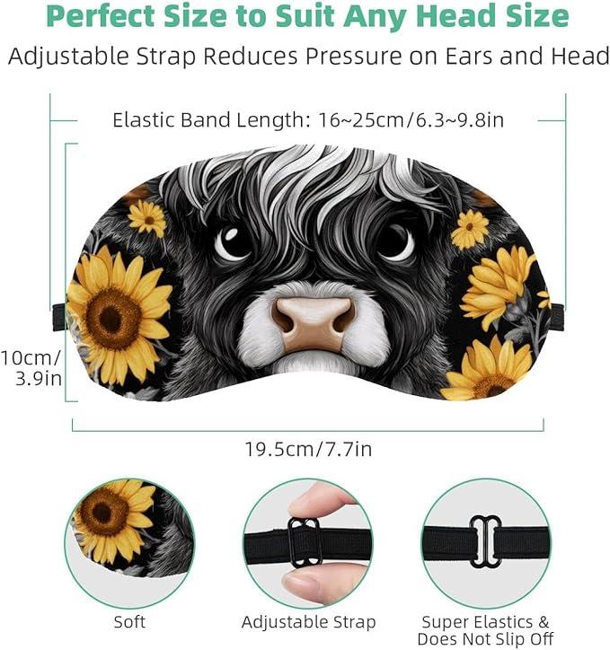 2 Pack Sleep Eye Mask for Women Men, Soft Breathable Eye Cove No Pressure Blackout Night Blindfold for Sleeping Light Blocking with Adjustable Strap, Sunflowers Highland Cow