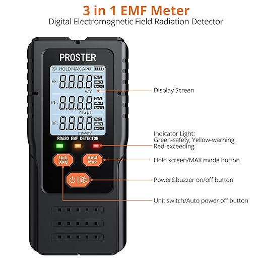 Proster 3in1 EMF Meter - Digital Electromagnetic Field Radiation Detector for 5G Cell Tower WiFi Signal Detector Home Office EMF Inspections or Ghost Hunting