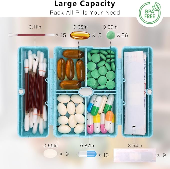 FYY Travel Pill Organizer with Blank Lables,6 Compartments Magnetic Pill Organizer Pill Box for Purse Pocket to Hold Vitamins,Cod Liver Oil,Supplements and Medication-Blue