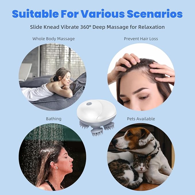 Upgraded Electric Scalp Massager for Men Women, Handheld Cat Dog Pet Head Massager with 4 Massage Heads, 3 Speeds, Waterproof Massager for Soothing Muscles Joints, Hair Growth, Stress Relax