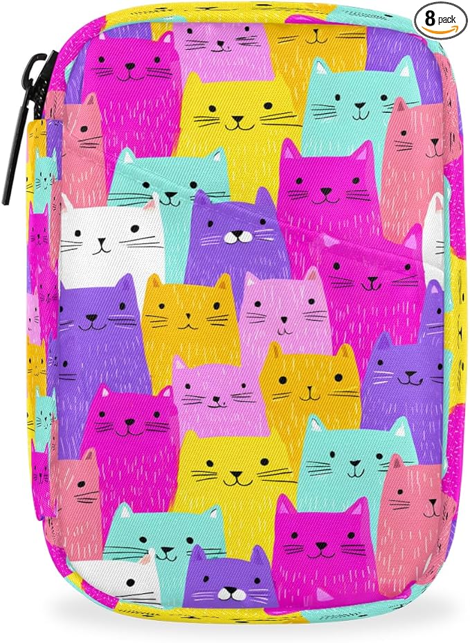 Weekly Travel Pill Organizer Case for Purse with Removable 7 Day Box Portable Compact Size Pill Box Fashionable Pill Container for Medicine Vitamin Supplement Colorful Cute Cat