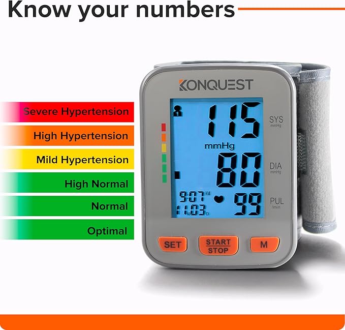 Konquest KBP-2910W Automatic Wrist Blood Pressure Monitor - Accurate - Adjustable Cuff, Large Screen Display - Portable Case - Irregular Heartbeat Detector - Tensiometro