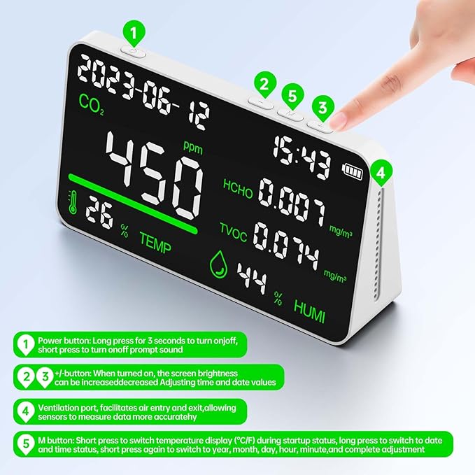 CIS 7-in-1 Air Quality Monitor, Indoor Humidity Monitor, Temperature, CO2, TVOC, HCHO, Time, Date Display Desktop Air Quality Tester, Air Quality Meters for Home Office Hotel Restaurant School