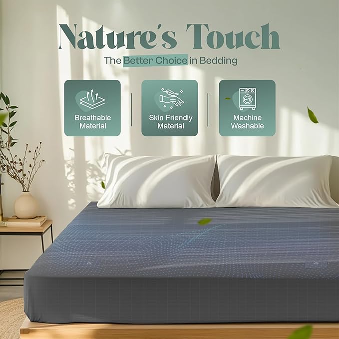 LuxeCraft Grounding Fitted Sheet – Organic Cotton & Silver Fiber | Breathable, Skin-Friendly | 15" Deep | Includes Tester Pen, Wristband, Eye Mask & Cord, King Size (Grey)