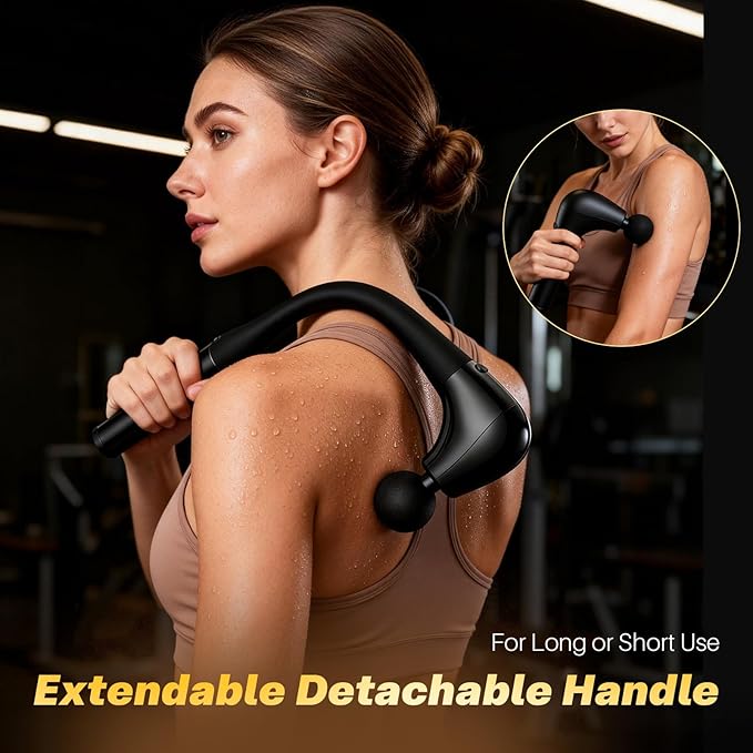 G4D Fascia Gun with Detachable U-Shape Long Handle, 10mm Deep Tissue Percussion, Brushless Motor, Up to 2800 RPM, Type-C Fast Charging, Includes 4 Massage Heads for Back Neck Shoulder Relief