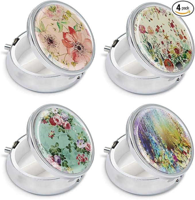 4 Pack Elegant Small Pill Box, 3 Compartments Pill Case for Purse Pocket with Mirror, Metal Travel Portable Medicine Tablet Vitamin Holder Organizer Container, Style A