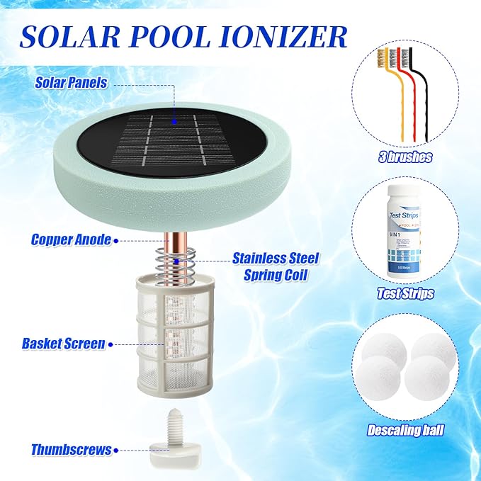 Qualirey Solar Pool Ionizer Automatic Floating Water Cleaner and Purifier, 90% Less Chlorine, with 4 Pcs Scum Eliminating Ball, up to 45, 000 Gallons for Fresh, Salt Water Pools and Spas(Green)