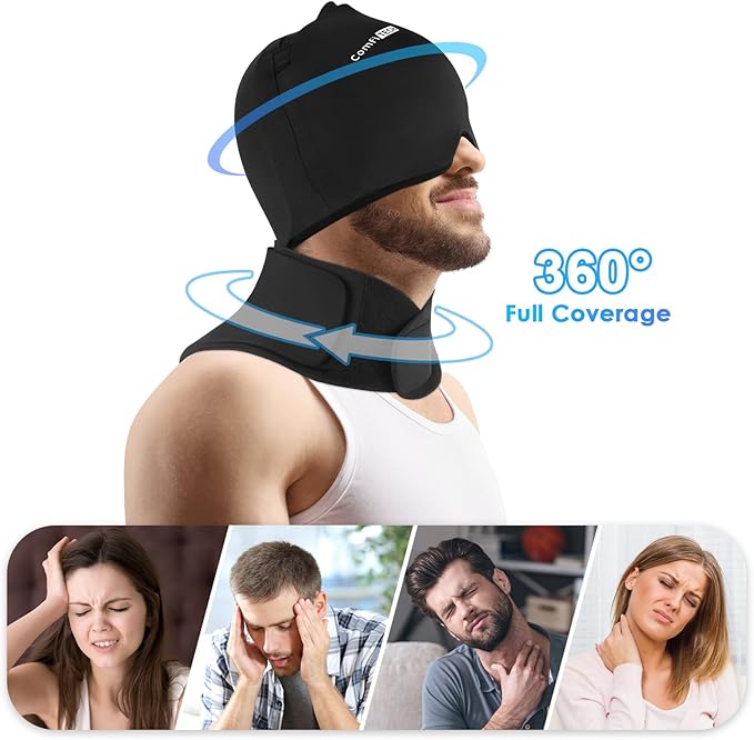 ComfiTECH Cold Cap and Neck Ice Pack Wrap Gel Combo, Care Package for Head and Cervical, Black, Large