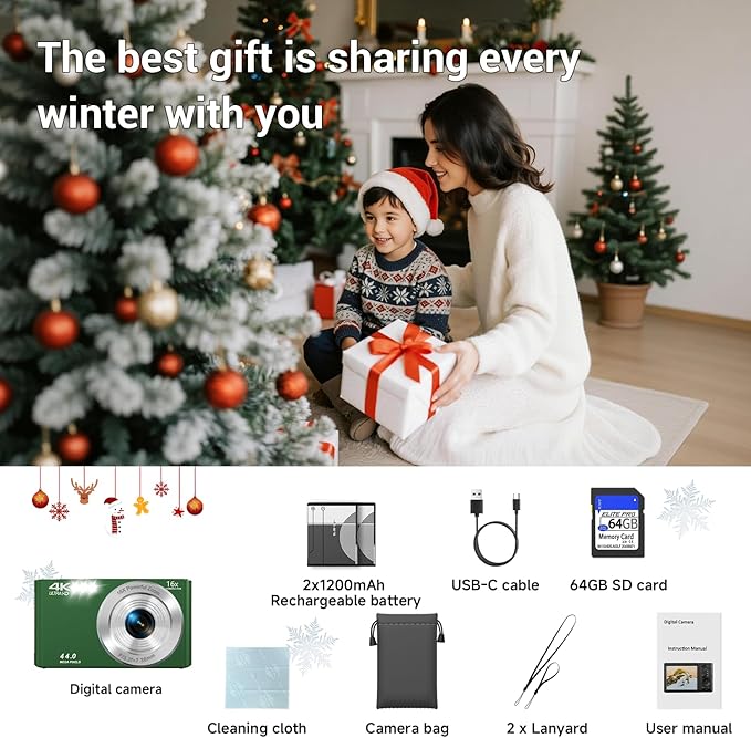 Digital Camera, FHD 4K Autofocus Compact Digital Cameras for Teens, Green Point and Shoot Camera for Kids with 16X Zoom, 64GB SD Card, 2026 Upgraded Small Digital Camera for Boys Girls Teens Kids Gift