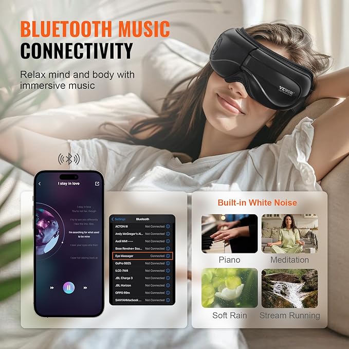 VEVOR Heated Eye Massager - 5 Modes, Bluetooth Music, Foldable, Ideal Gift for Parents, Black