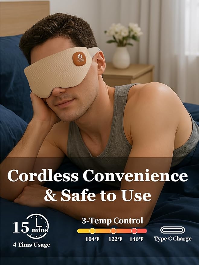 Heated Eye Mask, Cordless Warm Eye Compress for Dry Eyes, Birthday Christmas Gifts for Women Men, Washable Eye Heating Pad for Travel, Eye Relief, Improved Sleep (Khaki)