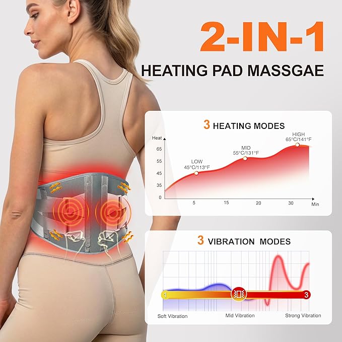Graphene-Infused Cordless Heating Pad with Massager for Back, 5000mAh Rechargeable Portable Lower Back Massager with 3 Heat 3 Vibration with 20/30/40 mins Timer Options, Gifts for Women Men Mom Dad