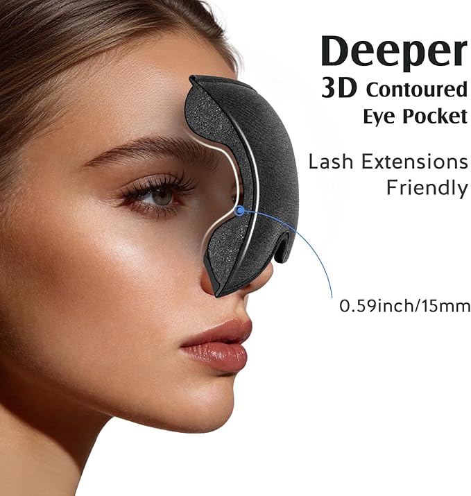 YFONG Sleep Mask for Lash Extensions, Bamboo Viscose & 100% Blackout Eye Mask for Sleeping Women Men, Soft 3D Contoured Zero Eye Pressure Blindfold for Travel, Breathable & Adjustable Eye Cover, Black