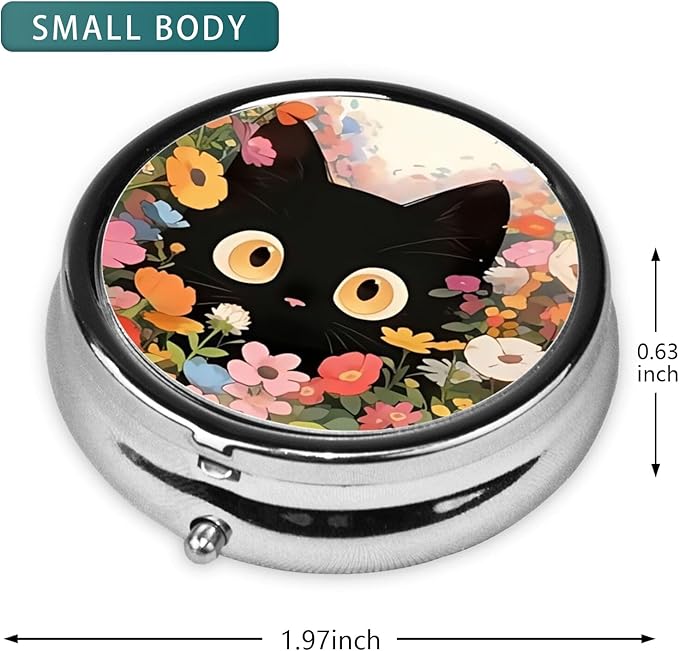 Pill Box 3 Compartment Pocket Small Pill Organizer Mini Metal Pill Holder Travel Portable for Man Woman Old People and Kids - Cute Black Cat