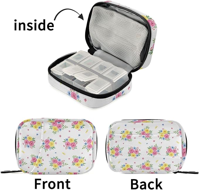 Summer Floral Pill Organizer Case Watercolor Color Flowers 7 Day Travel Pill Box with Zipper Portable Weekly Vitamin Medicine Supplement Holder Pouch Bag