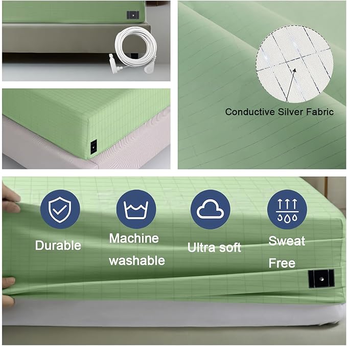 Grounding Sheets Queen Size, 20% Pure Silver Fiber + 80% Organic Cotton, Grounded Sheet Earth Connected Bedding Fitted Earth Sheets with Grounding Cord