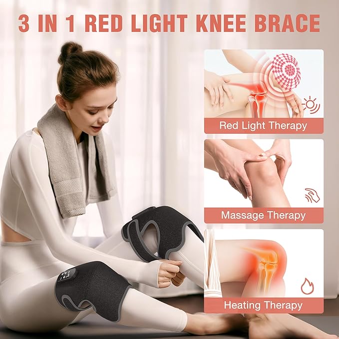Red Light Therapy & Vibration Massage Knee Brace, 660nm&850nm Near Infrared Light Therapy, Heated Knee Massager for Pain Relief, Heated Knee Wrap for Knee Joint Elbow, Heating Pad, Gift for Men Women