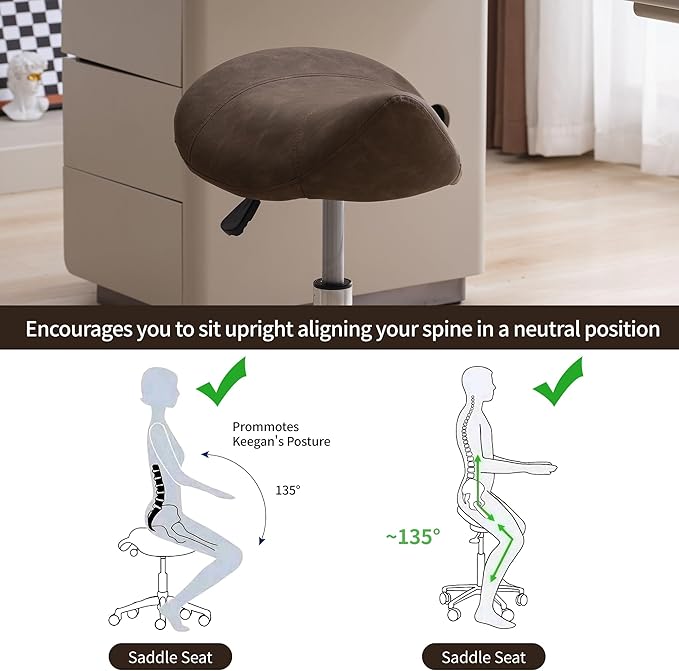 Saddle Stool, Swivel Saddle Stool with Wheels, Adjustable Rolling Stool 18"-26", Faux Leather Rolling Stool for Salon, Massage, Clinic, Lab, Office (Tan, 1PCS (18"-26"))