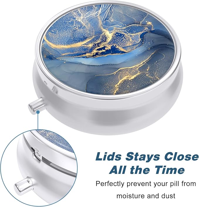 Pill Case, Cute Travel Pill Box for Purse, Moisture Proof Small Medicine Holder, Portable Pocket Medicine Organizer Dispenser to Hold Vitamins, Cod Liver Oil, Supplements, Dark Blue Marble