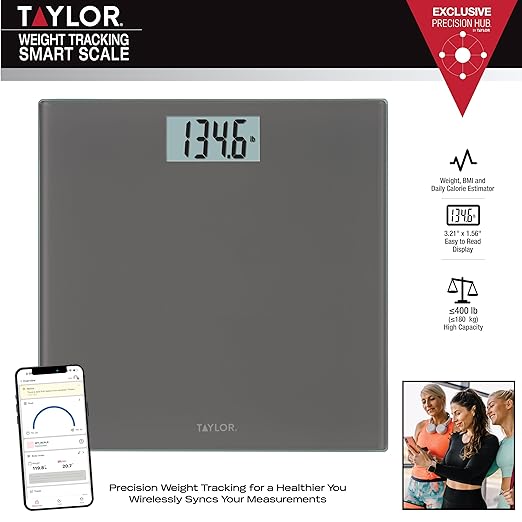 Taylor Smart Bathroom Scale with Precision Hub App, Digital Body Weight Scale, 400 lb Capacity, 8 User Profiles, Smart App Connectivity, Sync to 3rd Party Apps, BMI Tracking, Glass Platform, Charcoal